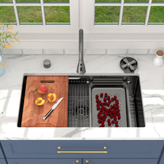 Lordear 33 Inch Undermount Single Bowl Waterfall Stainless Steel Workstation Kitchen Sink With Faucet