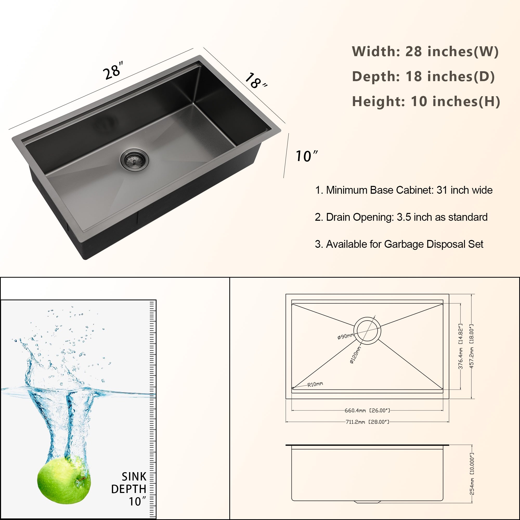 28in W x 18in D Stainless Steel Kitchen Sink Workstation Single Bowl Undermount Sink from Lordear