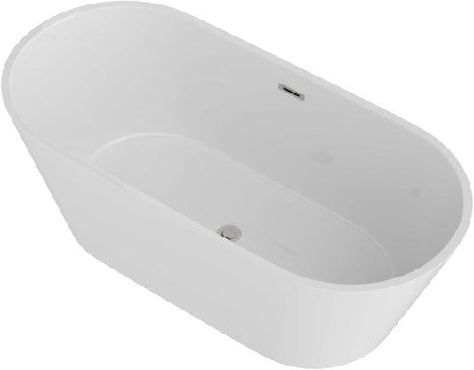 Lordear 63'' White Acrylic Oval Freestanding Bathtub with Overflow and Drain
