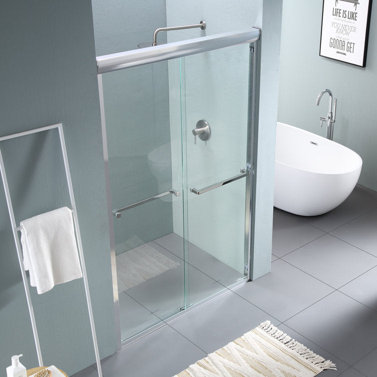 Lordear 48" W X 76" H Tempered Glass Nickel Semi-Frameless Bypass Sliding Clear Shower Door from Lordear