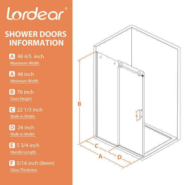 Lordear 48" W x 76" H Tempered Glass Frameless Sliding Clear Bathroom Shower Door from Lordear