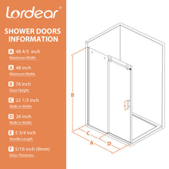 Lordear 48" W x 76" H Tempered Glass Frameless Sliding Clear Bathroom Shower Door from Lordear