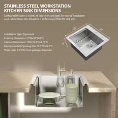 Lordear 21'' Drop-in Workstation Single Bowl Stainless Steel Outdoor Sink