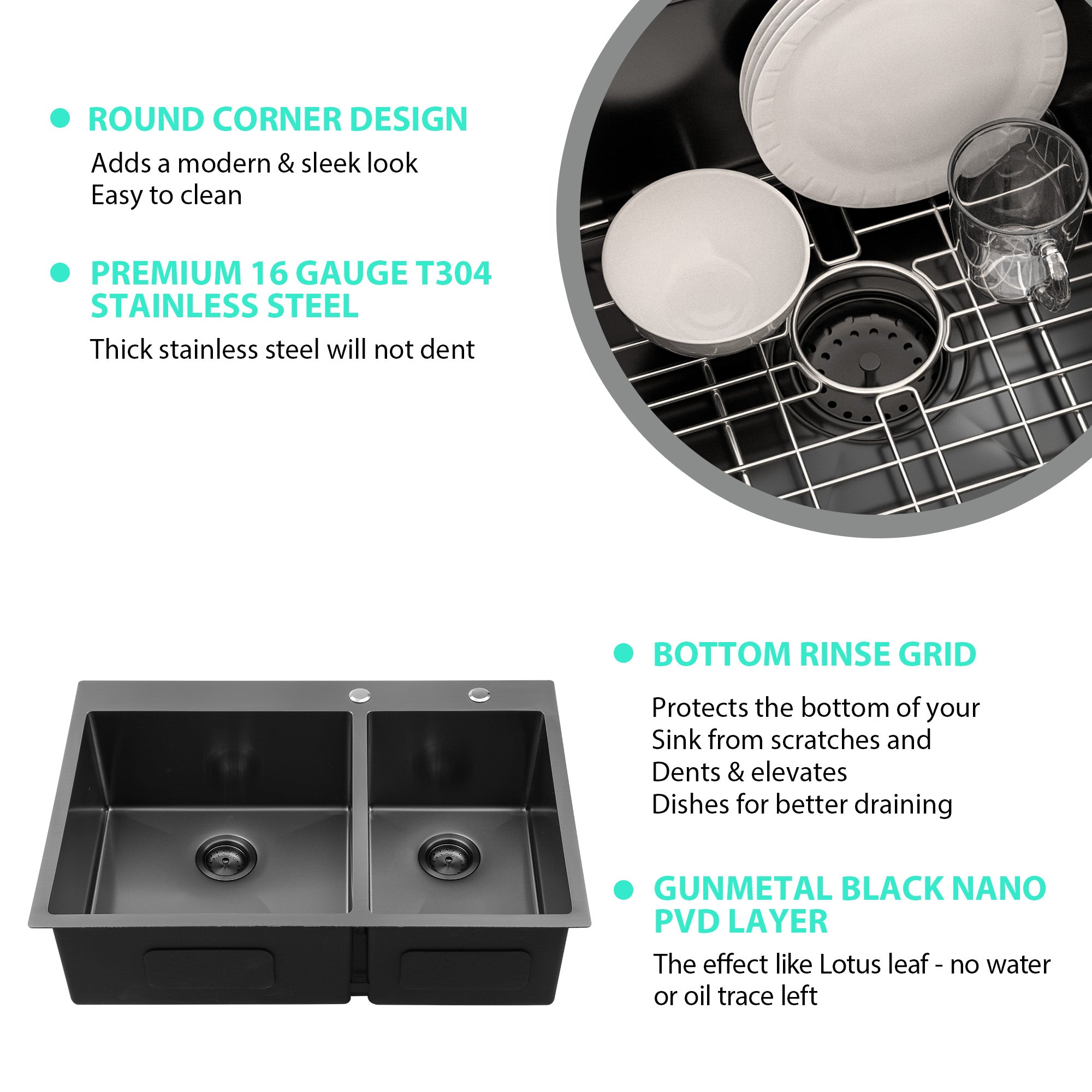 Lordear 33" Stainless Steel Gunmetal Black Double Bowl Drop-in Kitchen Sink from Lordear