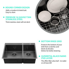 Lordear 33" Stainless Steel Gunmetal Black Double Bowl Drop-in Kitchen Sink from Lordear