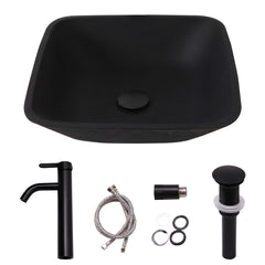 Lordear Tempered Glass Rectangular Matte Black Vessel Bathroom Sink with Faucet and Drain