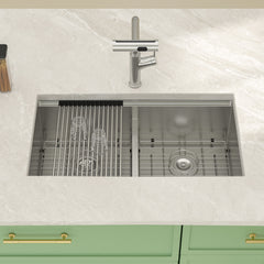 Lordear 32" L x 19" W Undermount Stainless Steel Kitchen Sink, Low Divider Ledge Workstation Single Bowl Sink with Full Accessories