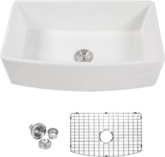 Lordear 33'' White Curved Apron Fireclay Farmhouse Sink
