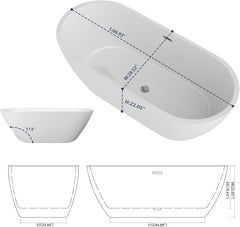 Lordear White Oval Acrylic Freestanding Bath Tub with Overflow and Drain