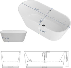 Lordear 67'' White Acrylic Oval Freestanding Bathtub with Overflow and Drain