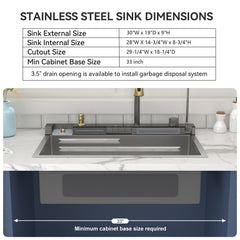 Lordear 30'' Digital Display Drop In Waterfall Single Bowl Stainless Steel Workstation Kitchen Sink