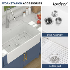 Lordear White Drop-in Single Bowel Fireclay Farmhouse Sink