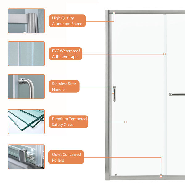 Lordear 60" W x 72" H Tempered Glass Frameless Bypass Sliding Frame Bathroom Clear Shower Door from Lordear