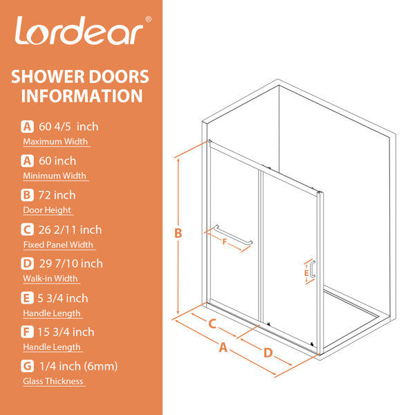Lordear 60" W x 72" H Tempered Glass Frameless Bypass Sliding Frame Bathroom Clear Shower Door from Lordear