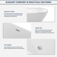 Lordear White Acrylic Freestanding Bath Tub with Overflow and Drain