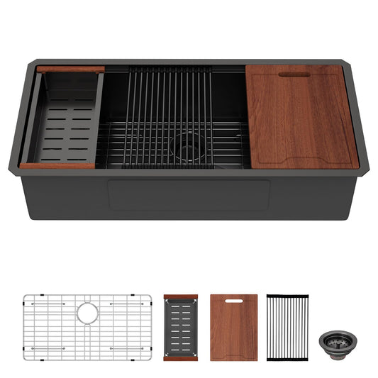 Lordear 39'' Matte Black Stainless Steel Undermount Workstation Kitchen Sink