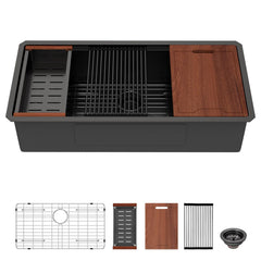 Lordear 39'' Matte Black Stainless Steel Undermount Workstation Kitchen Sink