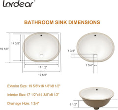 Lordear Undermount White Ceramic Oval Bathroom Sink with Overflow