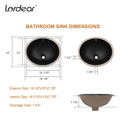 Lordear 18x15-Inch Black Ceramic Undermount Bathroom Sink