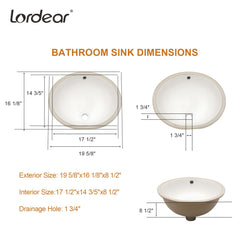Lordear Undermount White Ceramic Oval Bathroom Sink with Overflow