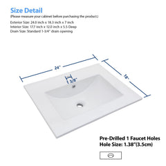 Lordear 24 x 18-Inch White Rectangular Ceramic Drop-In Bathroom Sink