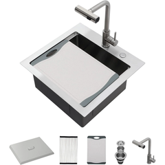 Lordear 21'' Stainless Steel Drop-in Single Bowl Outdoor Workstation Bar Sink with Pull-out Faucet and Cover from Lordear