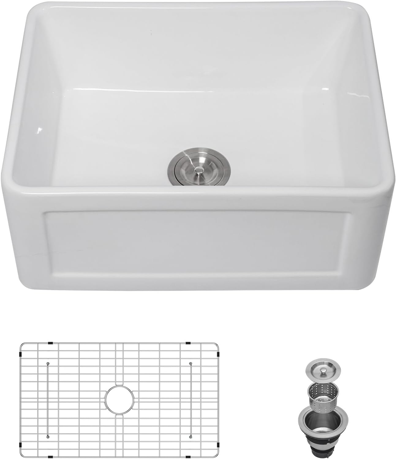 Lordear 24'' x 18'' White Ceramic Apron Front Single Bowl Farmhouse Kitchen Sink from Lordear