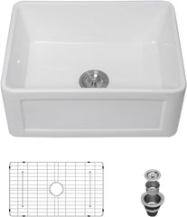 Lordear 24'' x 18'' White Ceramic Apron Front Single Bowl Farmhouse Kitchen Sink from Lordear