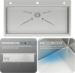 Lordear 39x22 Inch Single Bowl Stainless Steel Drop In Workstation Kitchen Sink with Mixing Bowl