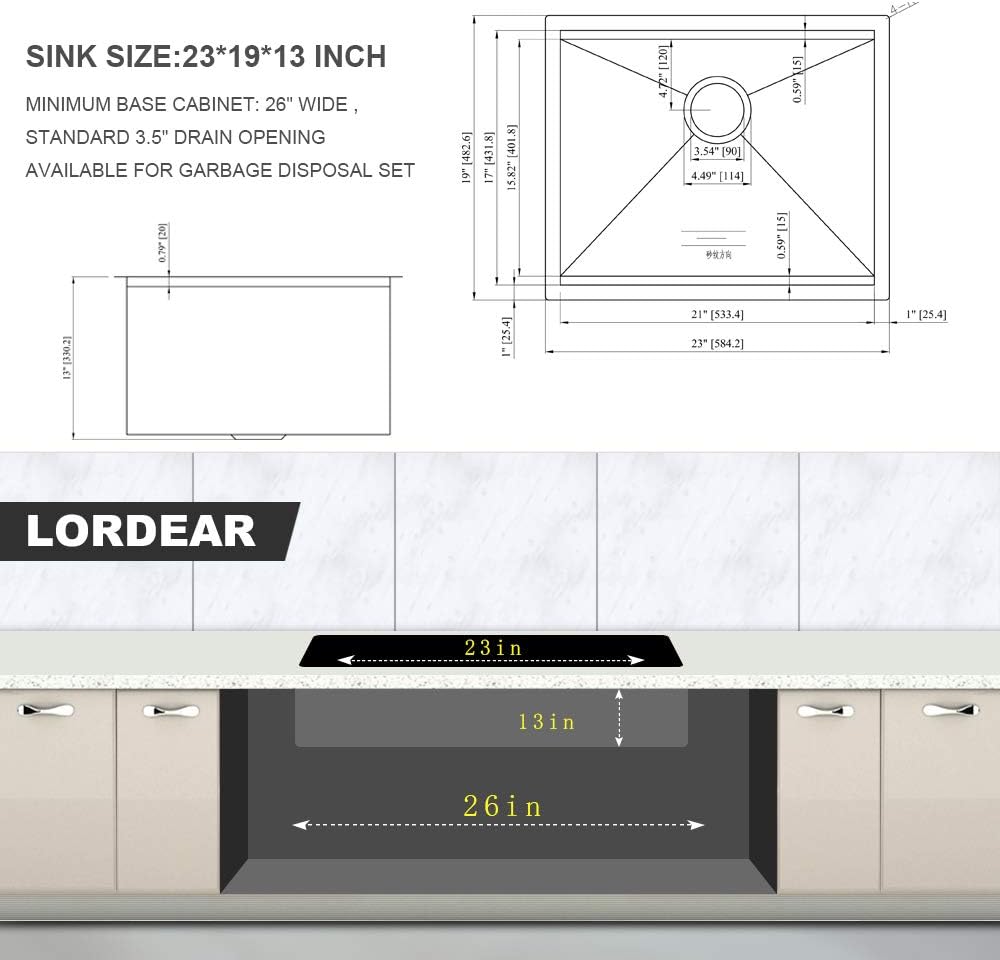 Lordear 23x19x13 Inch Laundry Room Sink Undermount Single Bowl Sink 16 Gauge Stainless Steel Sink with Cutting Board 13 Inch Deep from Lordear