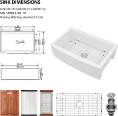 Lordear 33 Inch White Fireclay Workstation Farmhouse Kitchen Sink