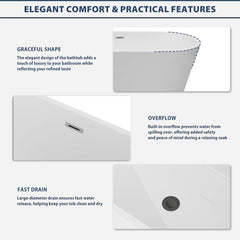 Lordear 59'' White Oval Acrylic Freestanding Bathtub with Overflow and Drain