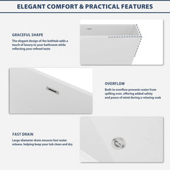 Lordear 67'' White Acrylic Rectangular Freestanding Bathtub with Overflow and Drain