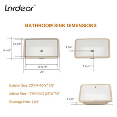 Lordear 20x14-Inch White Ceramic Undermount Bathroom Sink