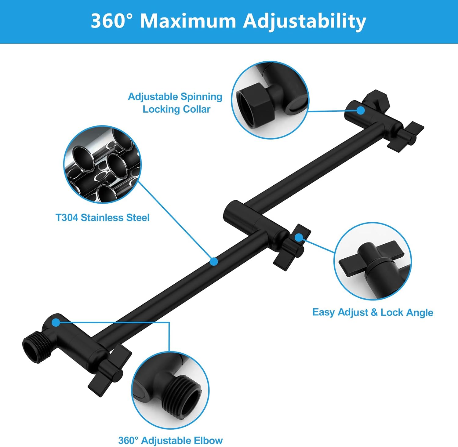 Lordear Stainless Steel Black Universal Connection Foldable and Adjustable Shower Extension Arm from Lordear