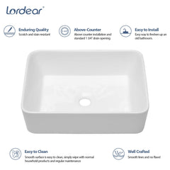 Lordear 19'' x 15'' White Ceramic Countertop Rectangle Bathroom Vessel Sink