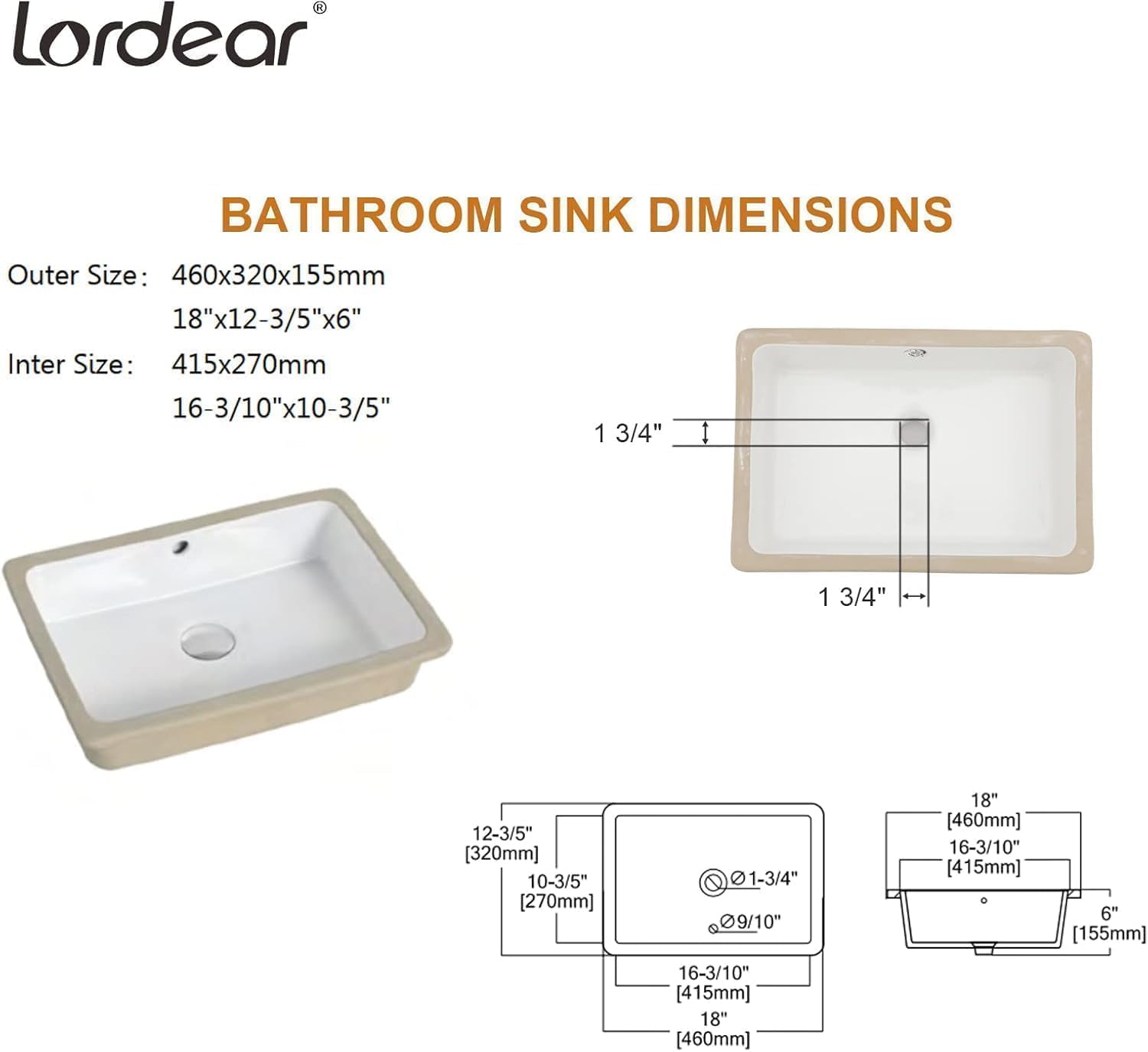 Lordear White Ceramic Rectangle Undermount Bathroom Sink with Overflow from Lordear