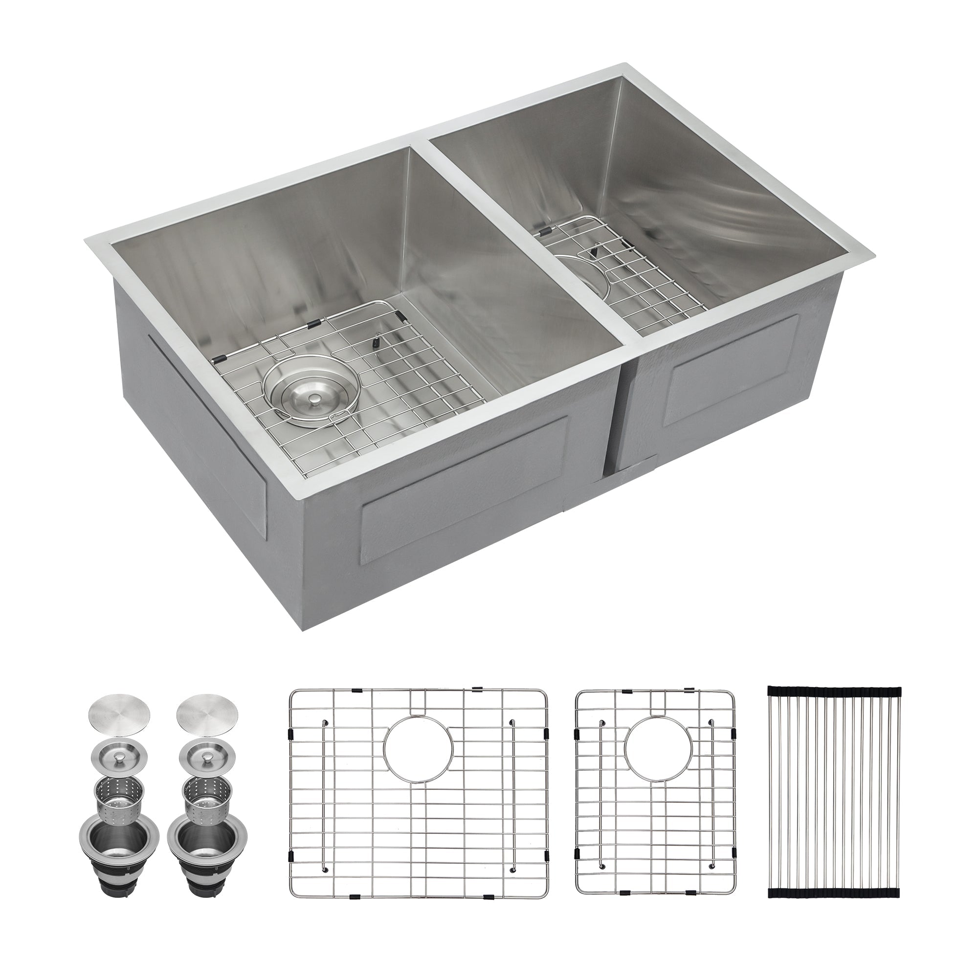 33 inch Undermount Kitchen Sink 60/40 Double Bowl Sink 18 Gauge Stainless Steel Sink with Strainer,Drying Rack and Rish Grid from Lordear