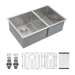 33 inch Undermount Kitchen Sink 60/40 Double Bowl Sink 18 Gauge Stainless Steel Sink with Strainer,Drying Rack and Rish Grid from Lordear