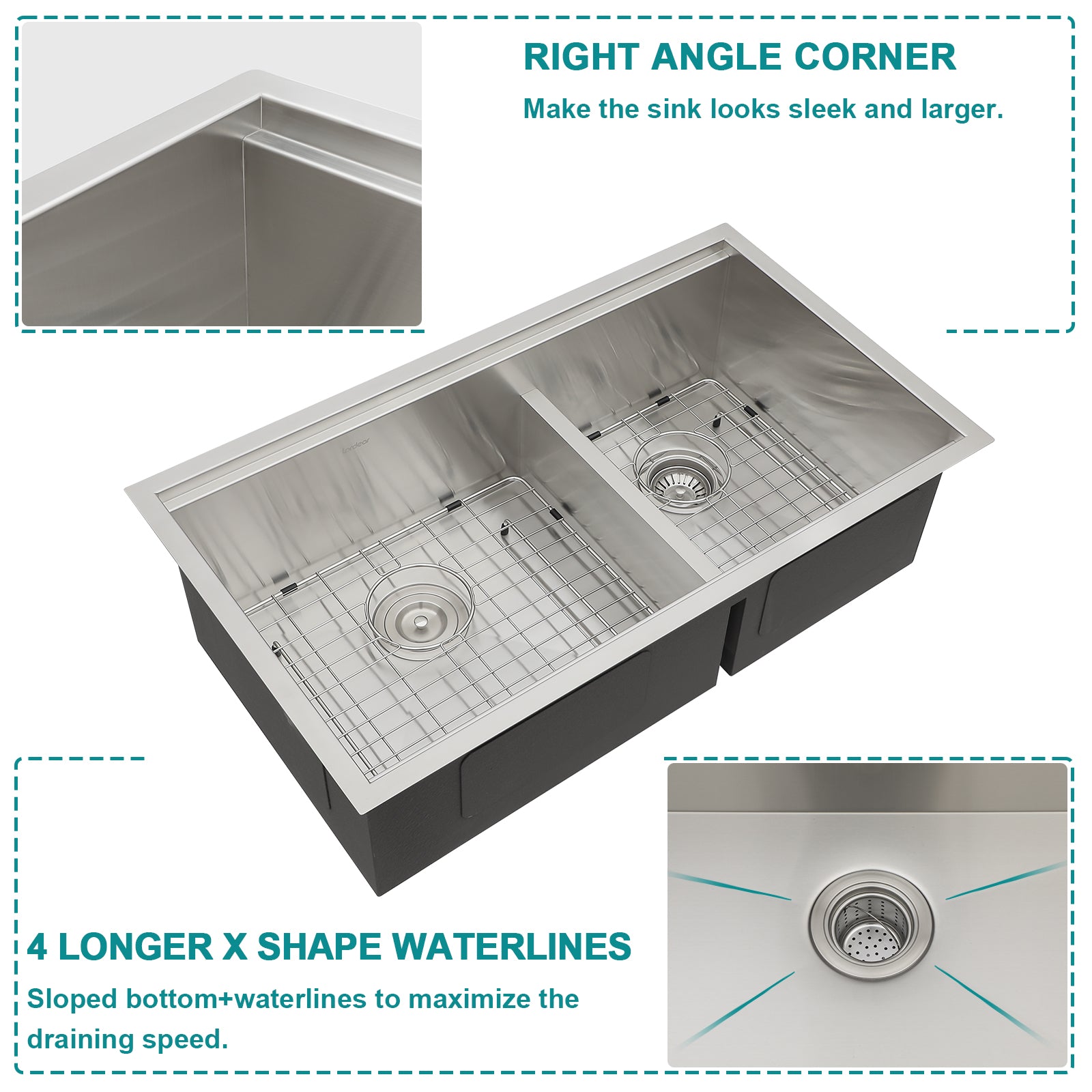 Lordear 33" Stainless Steel Double Bowl Undermount Low Divide Workstation Kitchen Sink  from Lordear