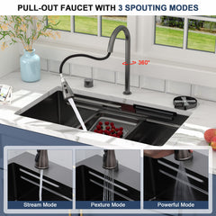 Lordear 33 Inch Undermount Single Bowl Waterfall Stainless Steel Workstation Kitchen Sink With Faucet