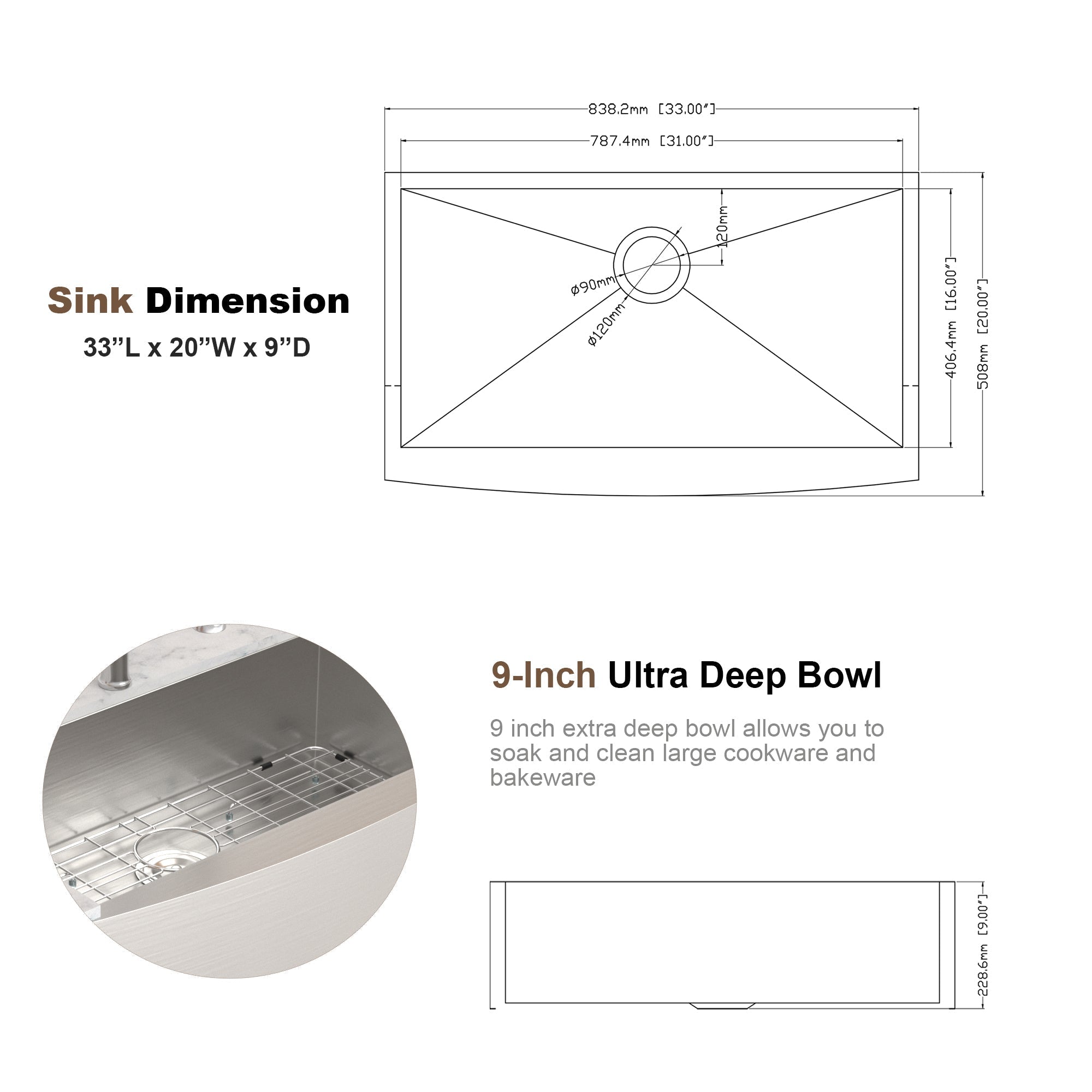 Lordear 33'' Stainless Steel Apron Front Farmhouse Kitchen Sink from Lordear