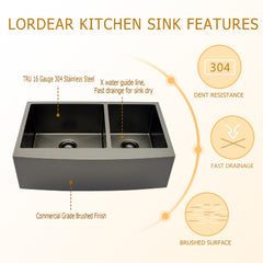 Lordear 33'' Stainless Steel Double Bowl Gunmetal Black Apron Front Farmhouse Kitchen Sink from Lordear