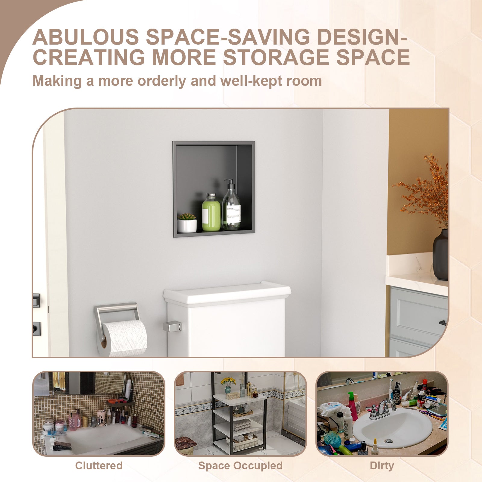 Lordear 14 x 14 Inch Stainless Steel Bathroom Niche Gunmetal Black Shower Wall Niche No Tile Recessed Square for Storage from Lordear