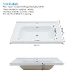 Lordear 31 in x 20 in Drop-In Ceramic White Bathroom Sink Basin