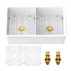 Lordear 32''x19'' White Fireclay Porcelain Ceramic 50/50 Double Bowl Undermount Kitchen Sink from Lordear