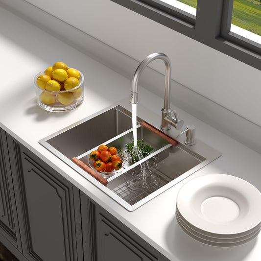 Lordear 25'' Single Bowl Topmount Stainless Steel Workstation Kitchen Sink