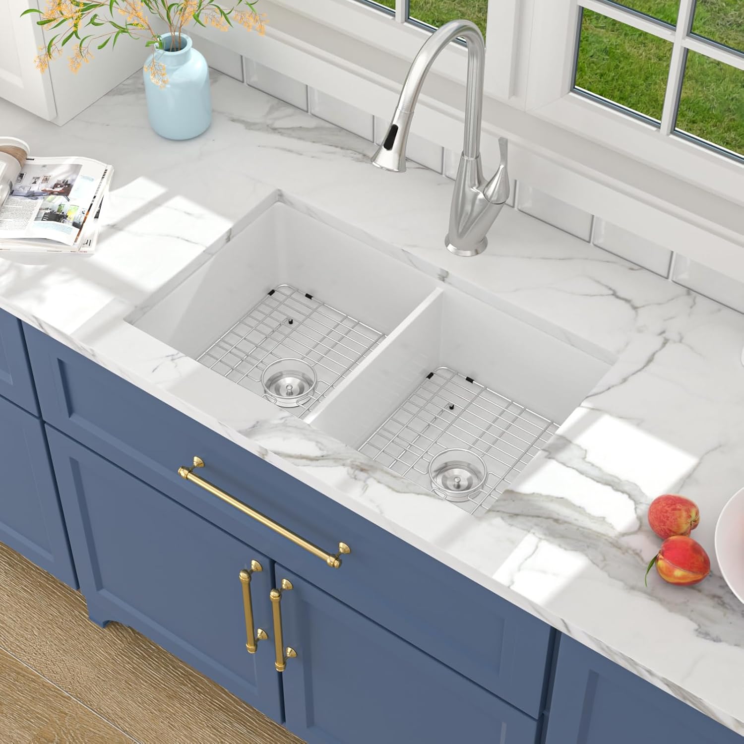 Lordear 32''x19'' White Fireclay Porcelain Ceramic 50/50 Double Bowl Undermount Kitchen Sink from Lordear