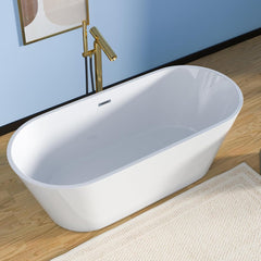 Lordear 67'' White Acrylic Oval Freestanding Bathtub with Overflow and Drain