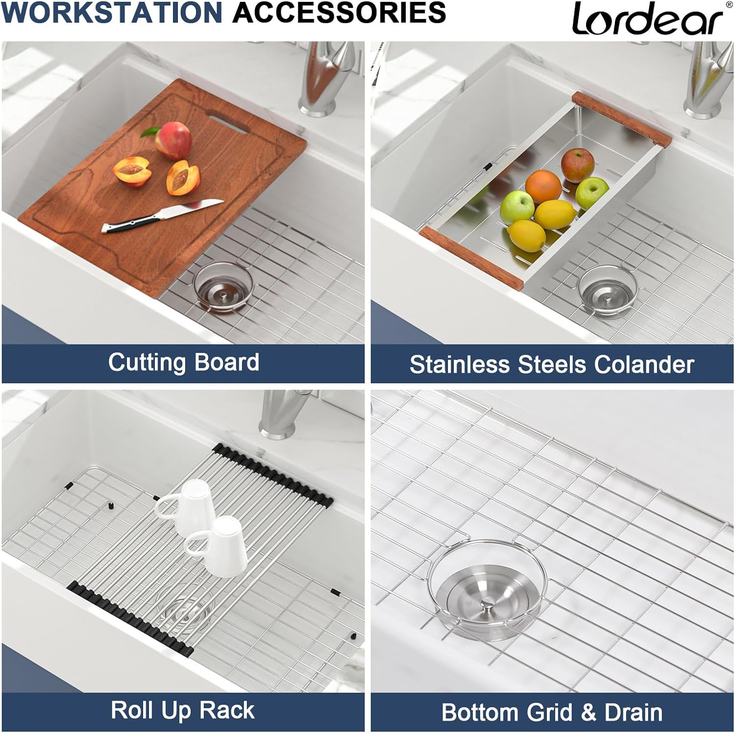 Lordear 33'' White Ceramic Apron Front Farmhouse Workstation Kitchen Sinks  from Lordear